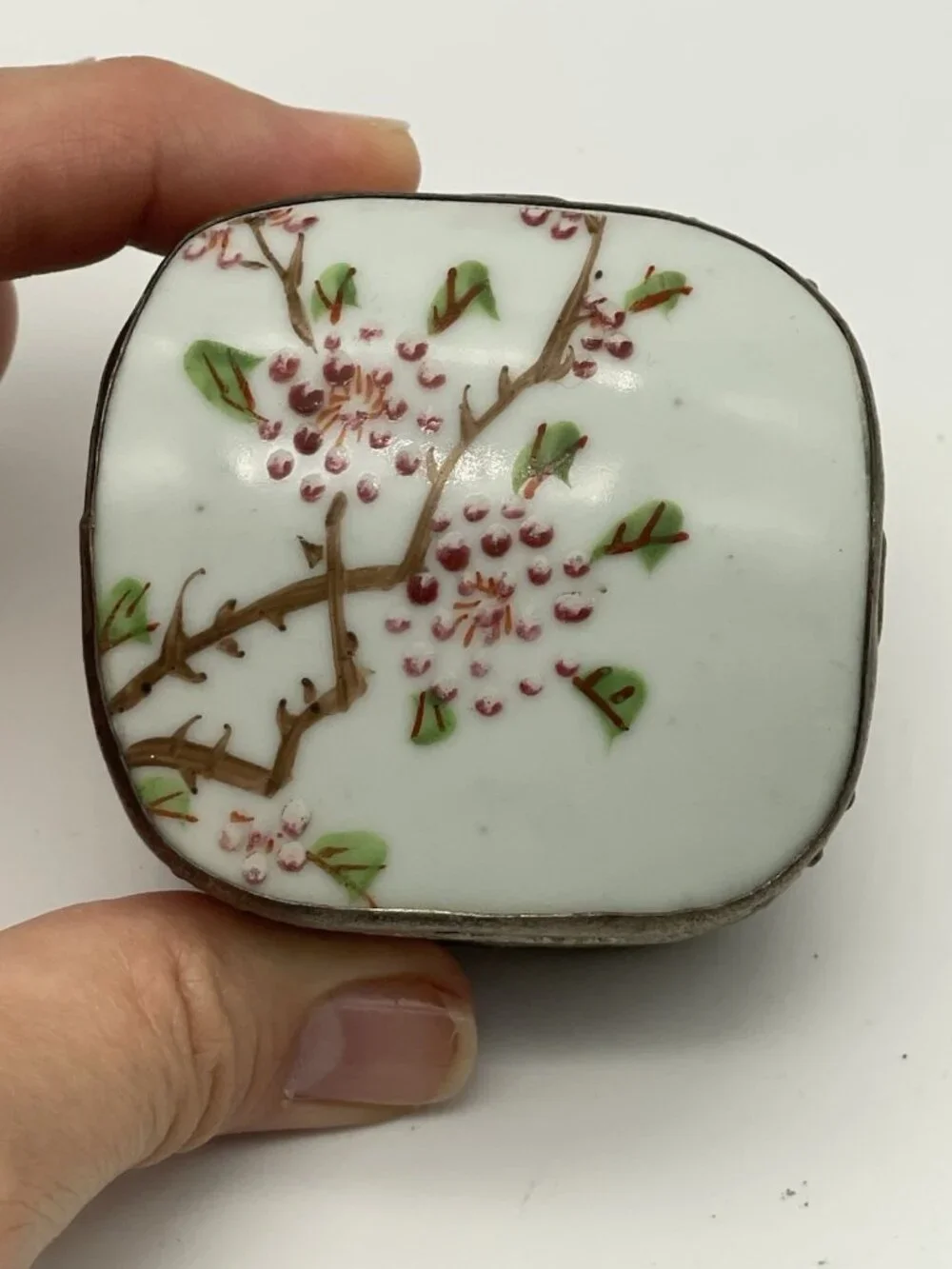 Vintage Chinese Porcelain Shard Trinket Box Tree Branch Floral Print